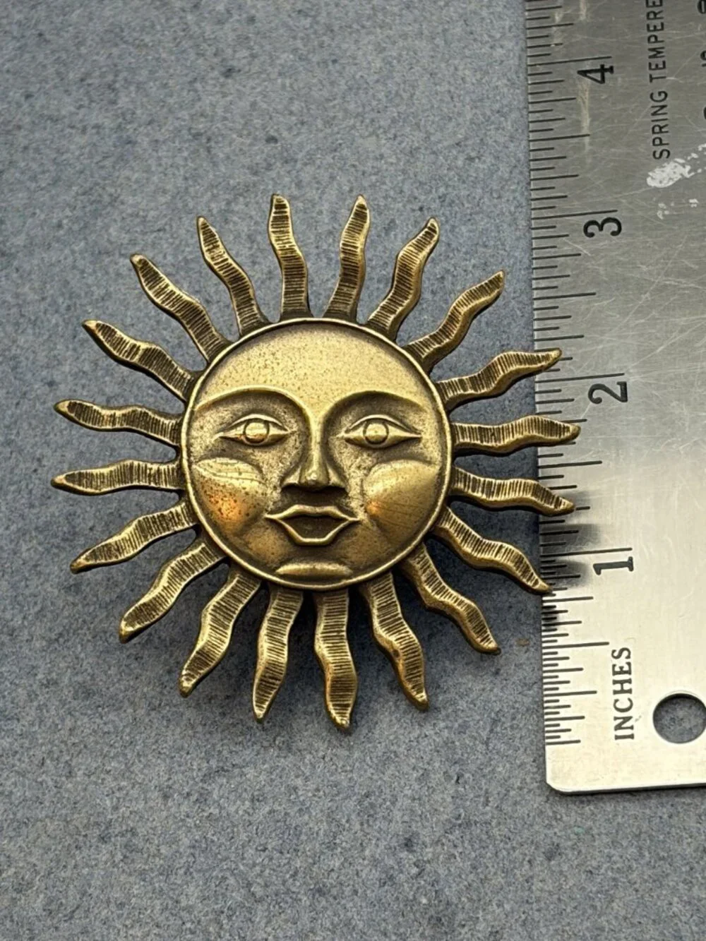 Sun Face Pin Brooch 3 In Brass Radiating Rays Artisan Vintage Gold Retro Texture